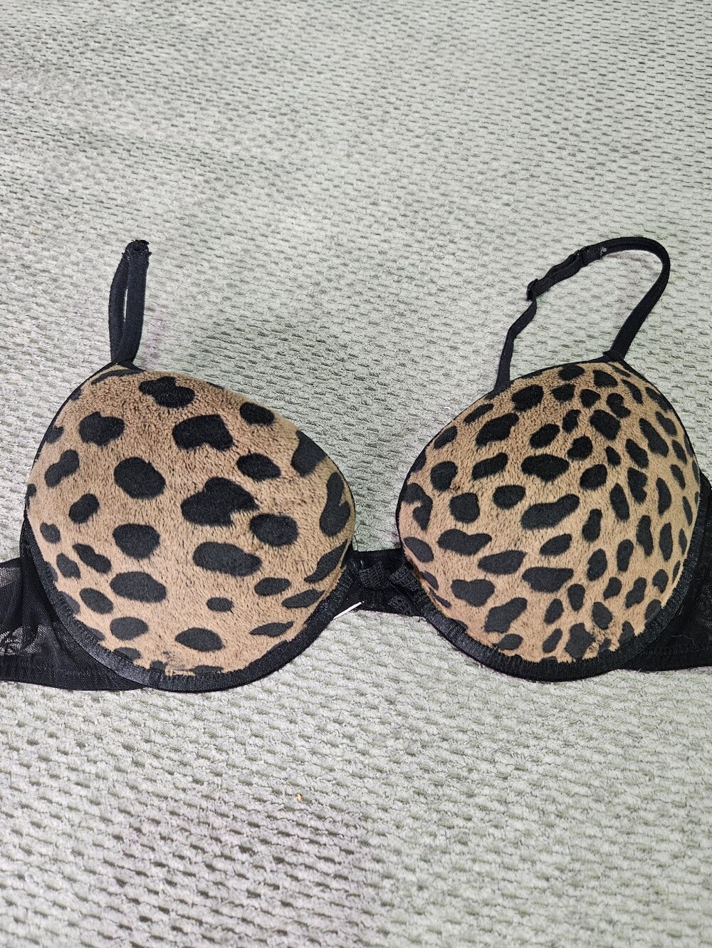 Fuzzy Leopard Print Bra, 34 B